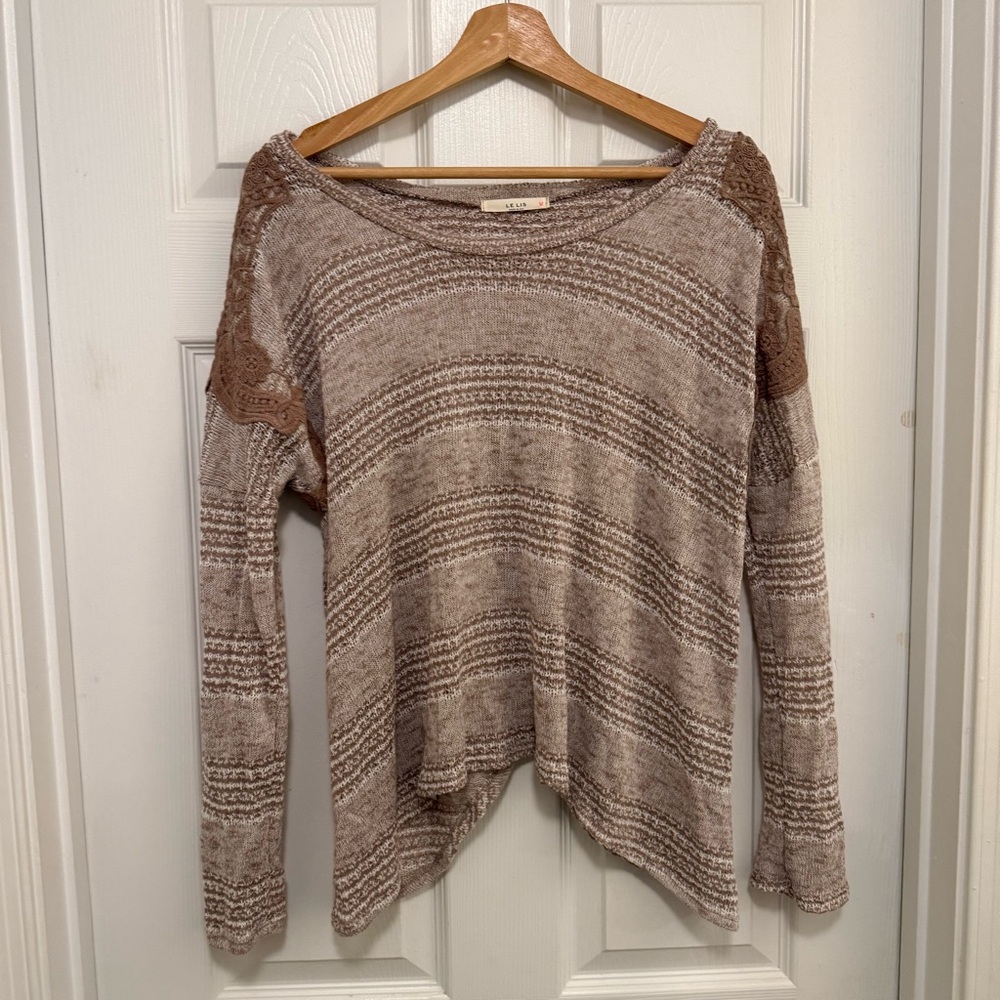 Like New Le Lis Boho Lace Shoulder Striped Knit Sweater